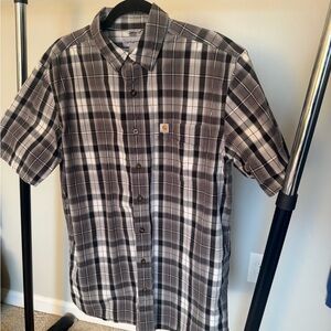 Carhartt Men’s L-Tall Plaid Short Sleeve Work Shirt Black Cream Button-Up